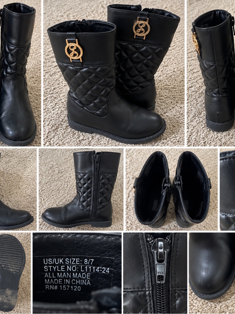 Girls' Black Quilted Mid-Calf Boots with Gold Emblem